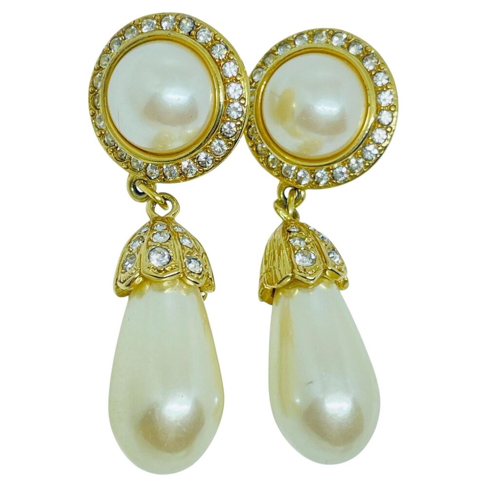 Vintage gold tone rhinestone dangle faux pearl 80's designer post earrings